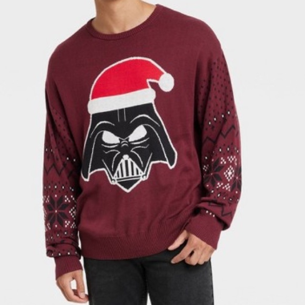 Men’s Disney 100 Star Wars Darth Vader Santa Hat Maroon Ugly Christmas Sweater